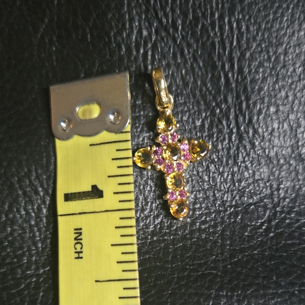 Tourmaline & Rhodolite Natural Sterling & Gold Cross Pendant Necklace 1" - Picture 3 of 10